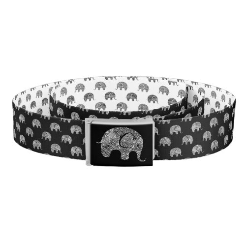 Black  White Floral Elephants Patter Reversible Belt