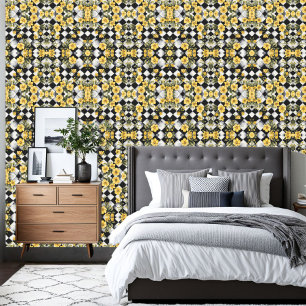 Black White Floral Farmhouse Checkered Wallpaper