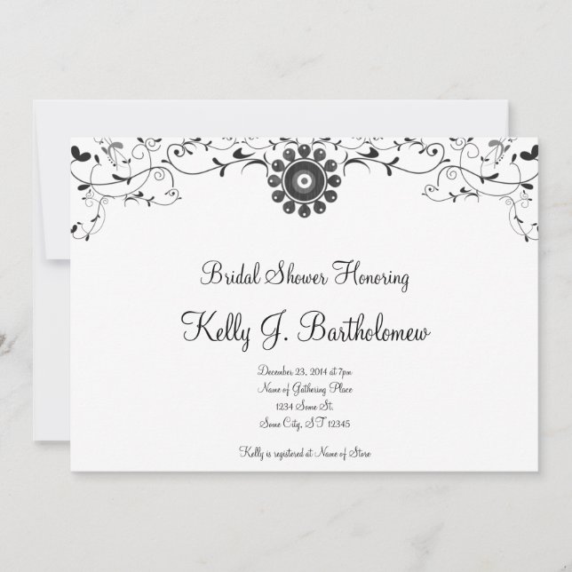 Black White Floral Flourish Bridal Shower Invitation (Front)