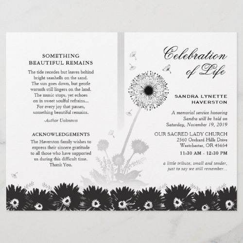 Black  White Floral Funeral Program with Photo