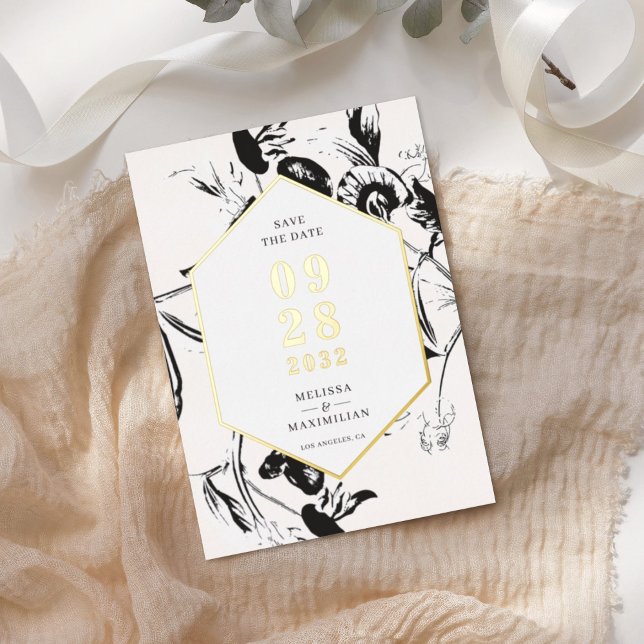 Black & White floral geo gold frame save date Foil Invitation (Creator Uploaded)
