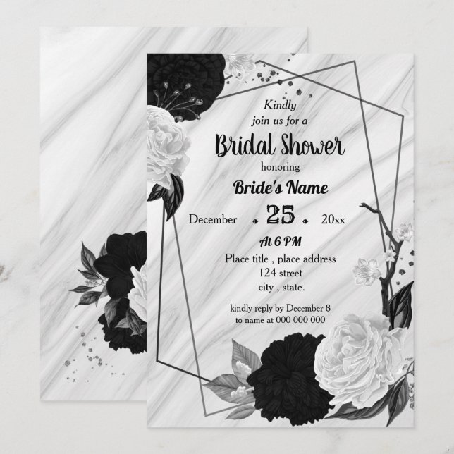 Black & white floral geometric bridal shower invitation (Front/Back)