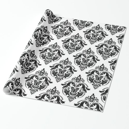 Black  White Floral Geometric Damasks Pattern Wrapping Paper