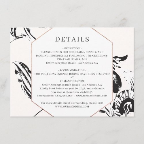 Black white floral geometric frame wedding details enclosure card