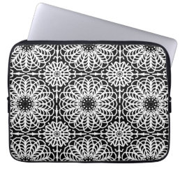 Black White Floral Geometric Symmetrical Abstract Laptop Sleeve