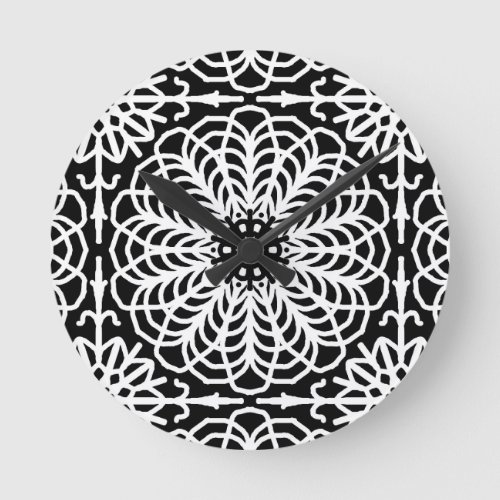 Black White Floral Geometric Symmetrical Abstract  Round Clock