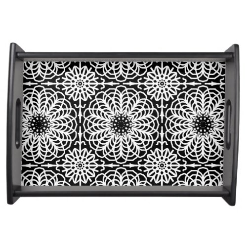 Black White Floral Geometric Symmetrical Abstract Serving Tray