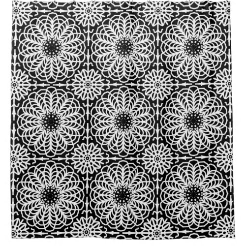 Black White Floral Geometric Symmetrical Abstract Shower Curtain