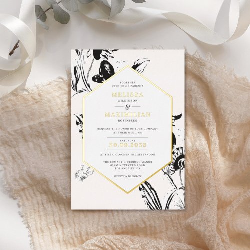 Black  White floral geometrical gold frame Foil Invitation