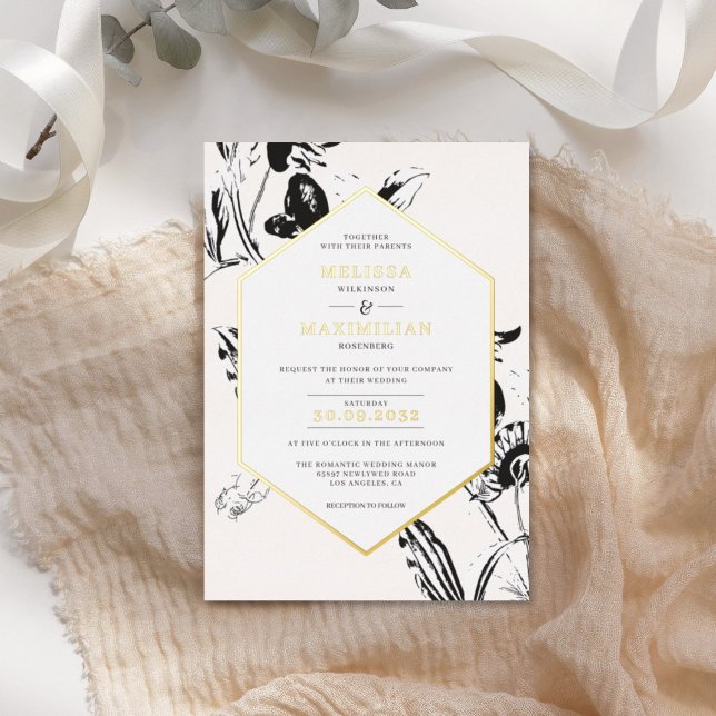 Black & White floral geometrical gold frame Foil Invitation (Creator Uploaded)