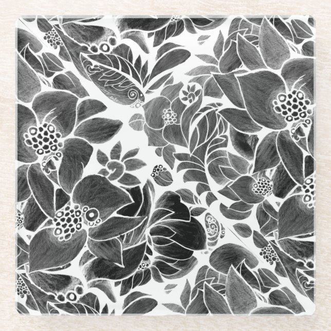 Black White floral Glass Coaster (Front)