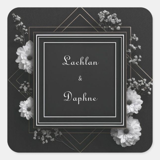 Black White Floral Gold Geometric Monochromatic Square Sticker (Front)