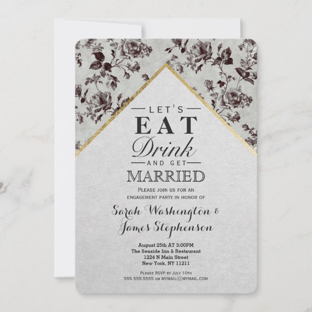 Black & White Floral & Gold Trim Recycled Paper Invitation (Front)