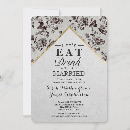 Black  White Floral  Gold Trim Recycled Paper Invitation