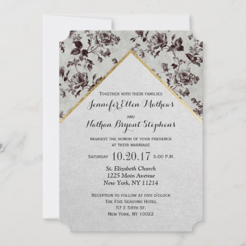 Black  White Floral  Gold Trim Recycled Paper Invitation