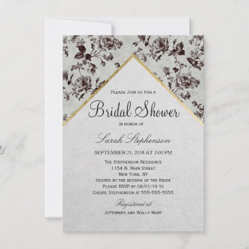 Black  White Floral  Gold Trim Recycled Paper Invitation