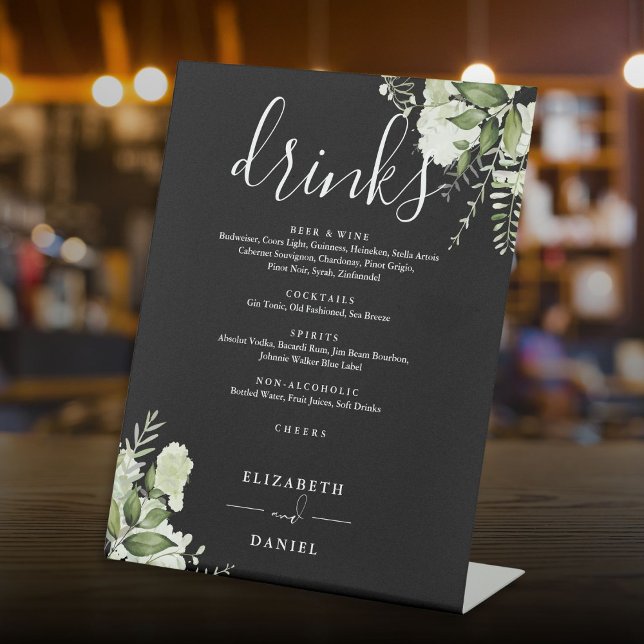 Black White Floral Greenery Wedding Drinks Menu Pedestal Sign (Black White Floral Greenery Wedding Drinks Menu Pedestal Sign)
