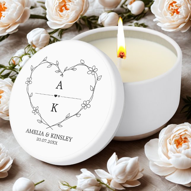 Black White Floral Heart Modern Monogram Wedding Mini Candle Favors (Black White Floral Heart Modern Monogram Wedding Mini Candle Favors)