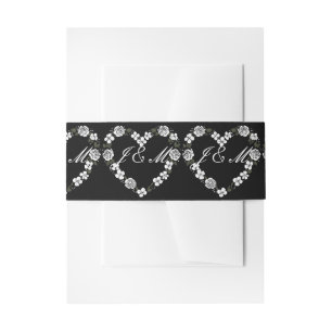 Black White Floral Heart Wedding Invitation Belly Band