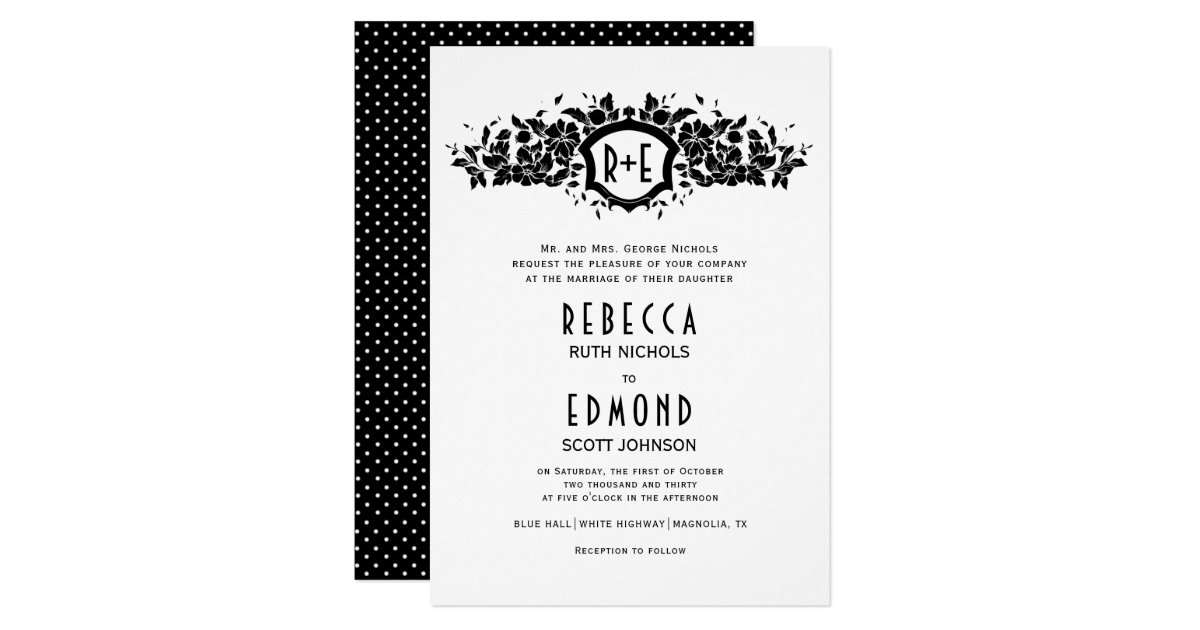 Black White Floral Heraldic Crest Initials Wedding Invitation Zazzle Com