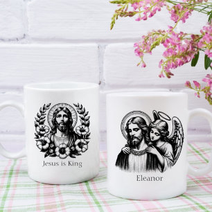 Black White Floral Jesus Christ Guardian Angel Coffee Mug