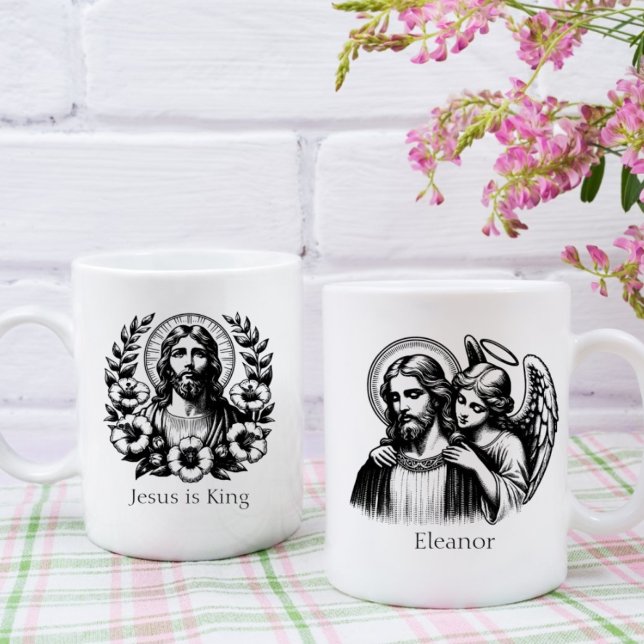 Black White Floral Jesus Christ Guardian Angel Coffee Mug (Creator Uploaded)
