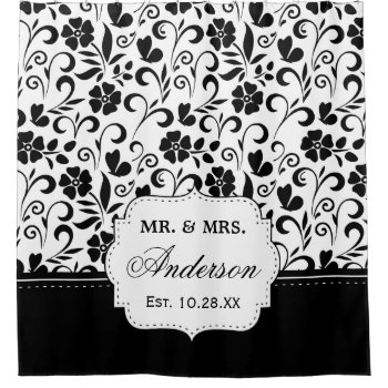 Black White Floral Just Married Wedding Date Shower Curtain by ShowerCurtain101 at Zazzle