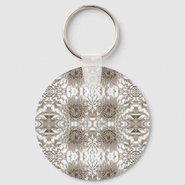 black white floral keychain metal charm (Front)