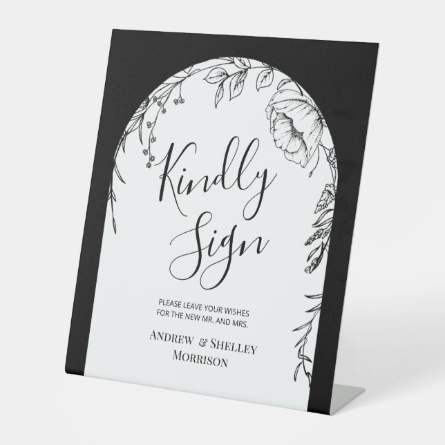 Black White Floral Kindly Sign Wedding Guest Book (Front)
