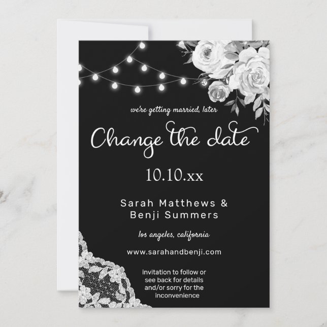Black & White Floral Lace Change the Date Invitation (Front)