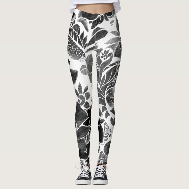 Black White floral Leggings (Front)