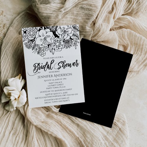 Black White Floral Lily Bouquet Bridal Shower Invitation