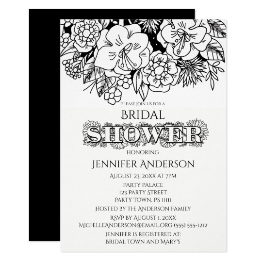 Black White Floral Lily Daisy Bridal Shower Invitation