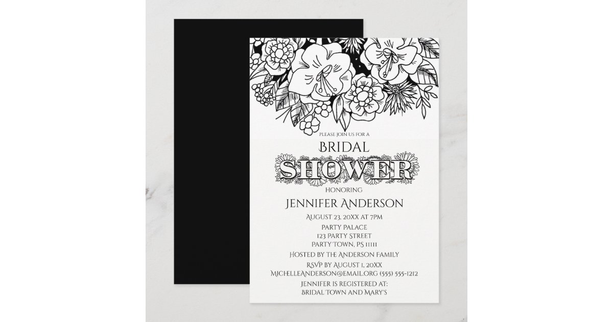 Black White Floral Lily Daisy Bridal Shower Invitation | Zazzle