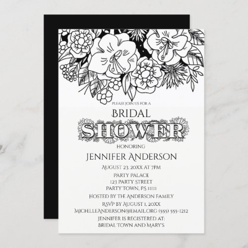 Black White Floral Lily Daisy Bridal Shower Invitation