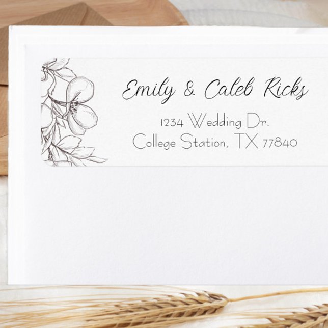 Black & White Floral Line Art Return Address Label (black and white script wedding return address label flower)