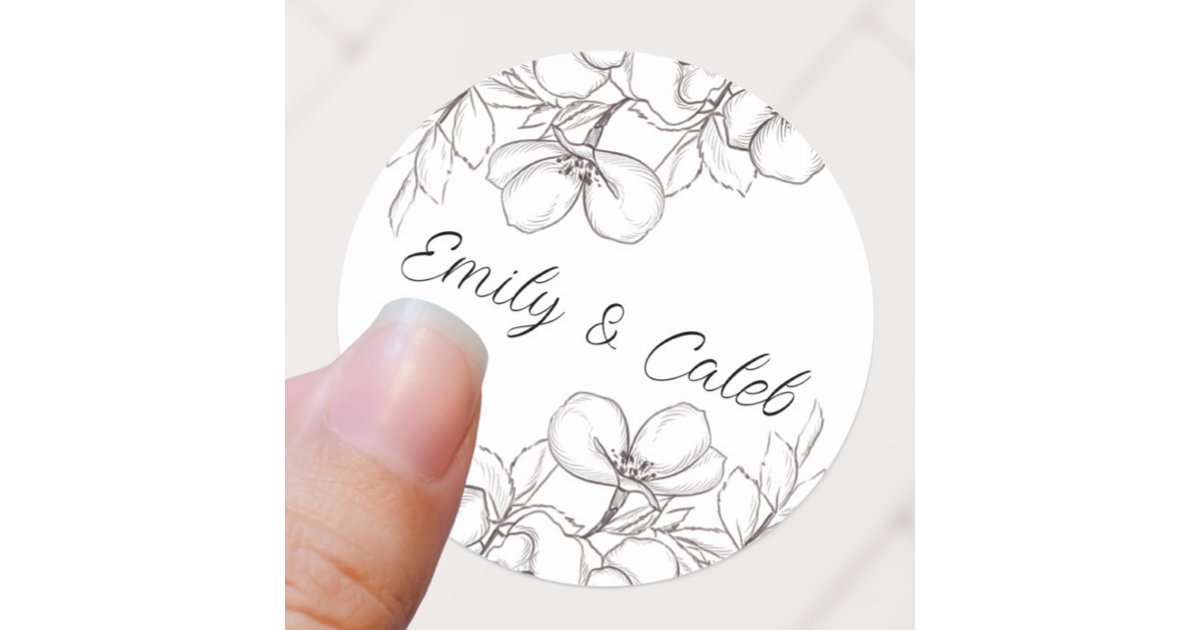Black & White Floral Line Art Wedding Classic Round Sticker | Zazzle