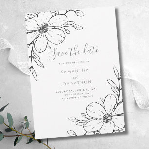 Black White Floral Line Drawing Wedding Save The Date