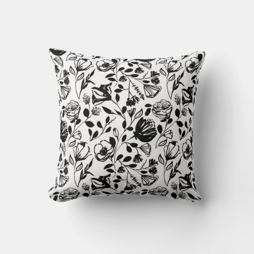 Black White Floral Line Hand Drawn Trendy Throw Pillow