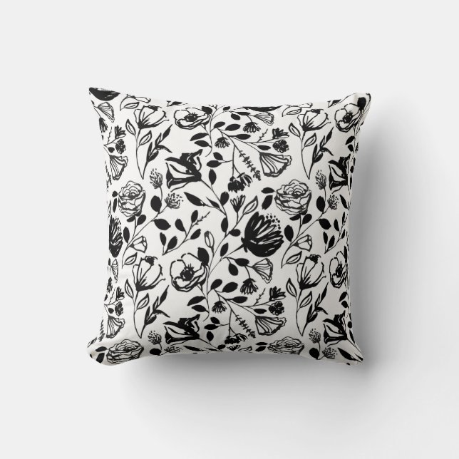 Black White Floral Line Hand Drawn Trendy Throw Pillow (Front)