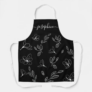 Black White Floral lineart Modern personalized Apron