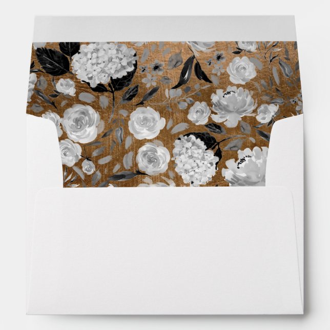 Black & White Floral Lined Faux Gold Self Address Envelope (Back (Bottom))