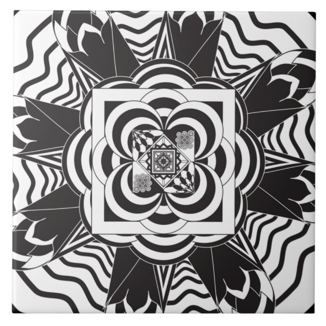 Black White Floral Mandala Abstract Ceramic Tile