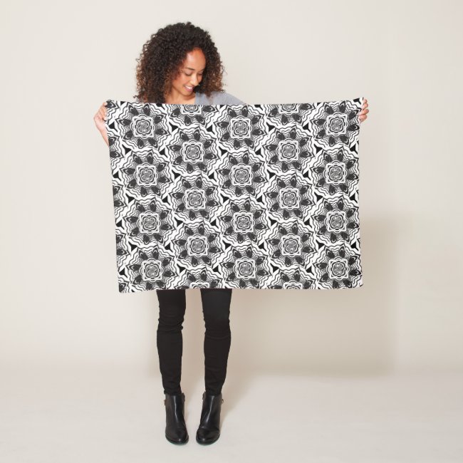 Black White Floral Mandala Pattern Fleece Blanket