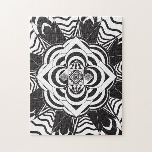 Black White Floral Mandala Pattern Jigsaw Puzzle