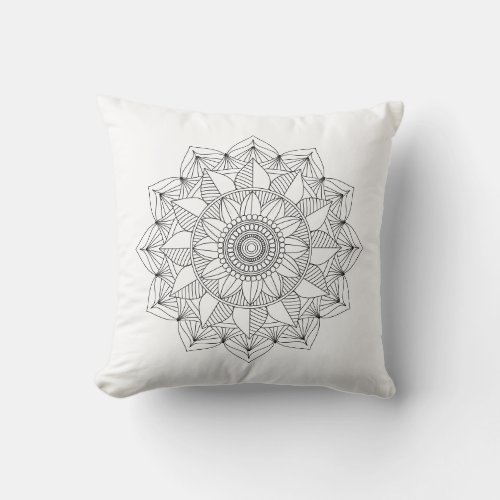 Black White Floral Mandala v1 Throw Pillow