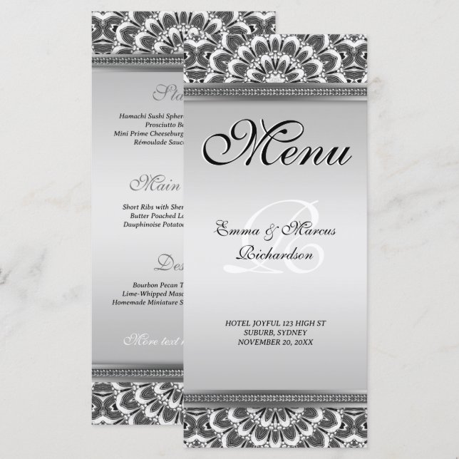 Black White Floral Mandala Wedding Menu Card (Front/Back)