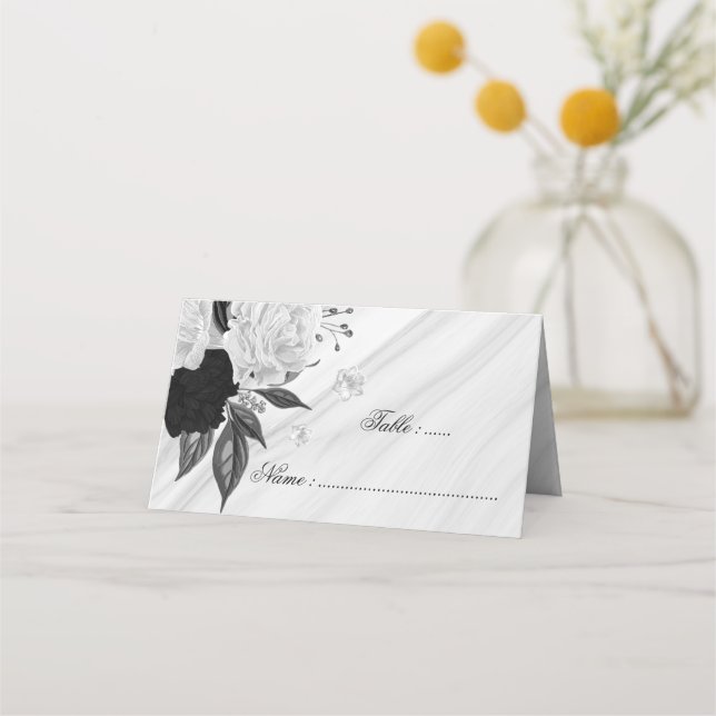 black & white floral marble place card (Front)