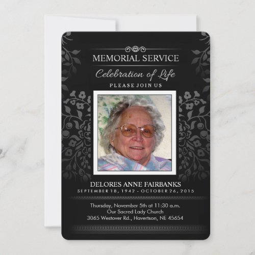 Black  White Floral Memorial Service Photo Invite