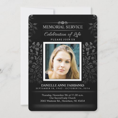 Black  White Floral Memorial Service Photo Invite